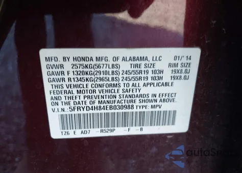2014 Acura Mdx Advance Pkg W/Entertainment Pkg from USA, damaged, VIN 5FRYD4H84EB030988